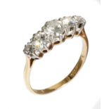 A DIAMOND FIVE STONE RING  the old cut diamonds of approx 1.1ct (total) and G/H colour, VSII/SI1, in