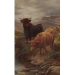 BASIL BRADLEY (1842-1904) HIGHLAND CATTLE; CATTLE WATERING  a pair, both signed, oil on canvas, 40 x