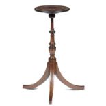 A GEORGE I TURNED BURR YEW WOOD STAND, EARLY 18TH C adapted as a table on a Regency mahogany