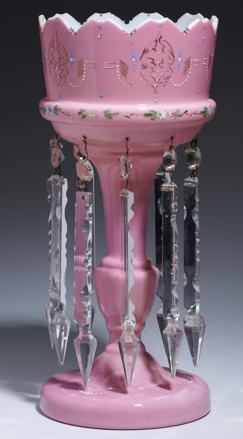 A VICTORIAN PINK CASED WHITE GLASS LUSTRE, C1880  with prismatic cut glass drops, 36cm h Wear to