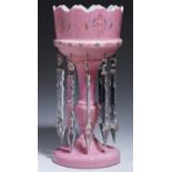 A VICTORIAN PINK CASED WHITE GLASS LUSTRE, C1880  with prismatic cut glass drops, 36cm h Wear to