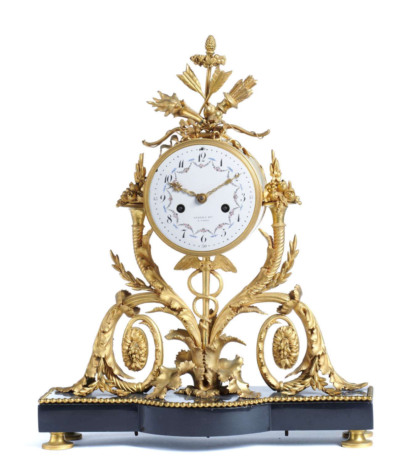 A FRENCH NEO CLASSICAL STYLE ORMOLU MANTEL CLOCK, BEKERS HRS A PARIS, 19TH C  the drum cased