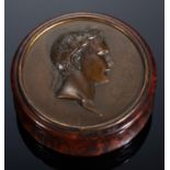 A FRENCH PRESSED MAPLE SNUFF BOX, EARLY 19TH C  the cover with cliché of Napoleon Bonaparte , the