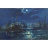 FRANK HENRY MASON, RBA, RI (1875-1965) PORT SCENE AT NIGHT signed with initials and inscribed