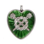 A DIAMOND AND PLATINUM AND GREEN GUILLOCHE ENAMEL HEART SHAPED PENDANT, POSSIBLY CARTIER, EARLY 20TH