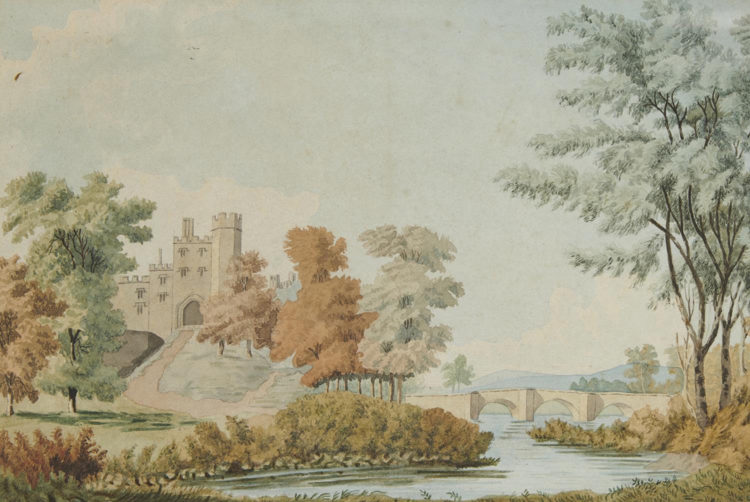 ENGLISH SCHOOL, EARLY 19TH CENTURY VIEW OF A CASTLE AND BRIDGE FROM ACROSS A RIVER  watercolour,