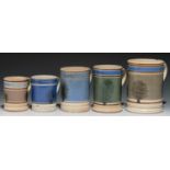 FIVE   LLANELLY AND OTHER MOCHA WARE MUGS, 19TH C quart, pint and half pint, two transfer printed