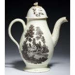 A CREAMWARE COFFEE POT AND A COVER, C1770-80 with two black transfer prints, 24cm h overall Coffee