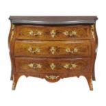 A SWEDISH ORMOLU MOUNTED WALNUT AND LINE INLAID COMMODE, LATE 19TH C with grey marble top, 81cm h;