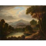 CIRCLE OF PATRICK NASMYTH MOUNTAINOUS WOODED LANDSCAPE WITH FIGURES IN A FERRY oil on canvas, 70 x