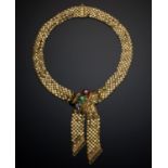 A FRENCH DIAMOND, RUBY, SAPPHIRE, EMERALD AND GOLD SCARF NECKLACE  the knot with three flower