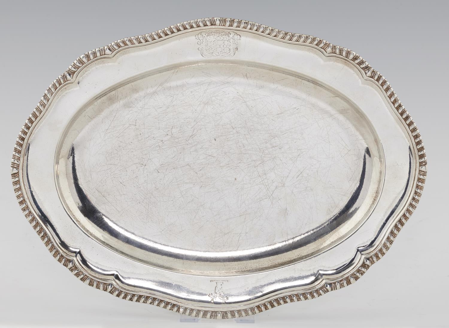 A GEORGE III GADROONED SILVER SECOND COURSE DISH FROM A DINNER SERVICE  engraved with armorials,