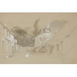 THOMAS MILES RICHARDSON THE YOUNGER, RWS (1813-1890) LAKE DISTRICT VILLAGE  pencil and white on