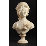 AN ALABASTER BUST OF A YOUNG WOMAN, LATE 19TH C on turned socle, 47cm h