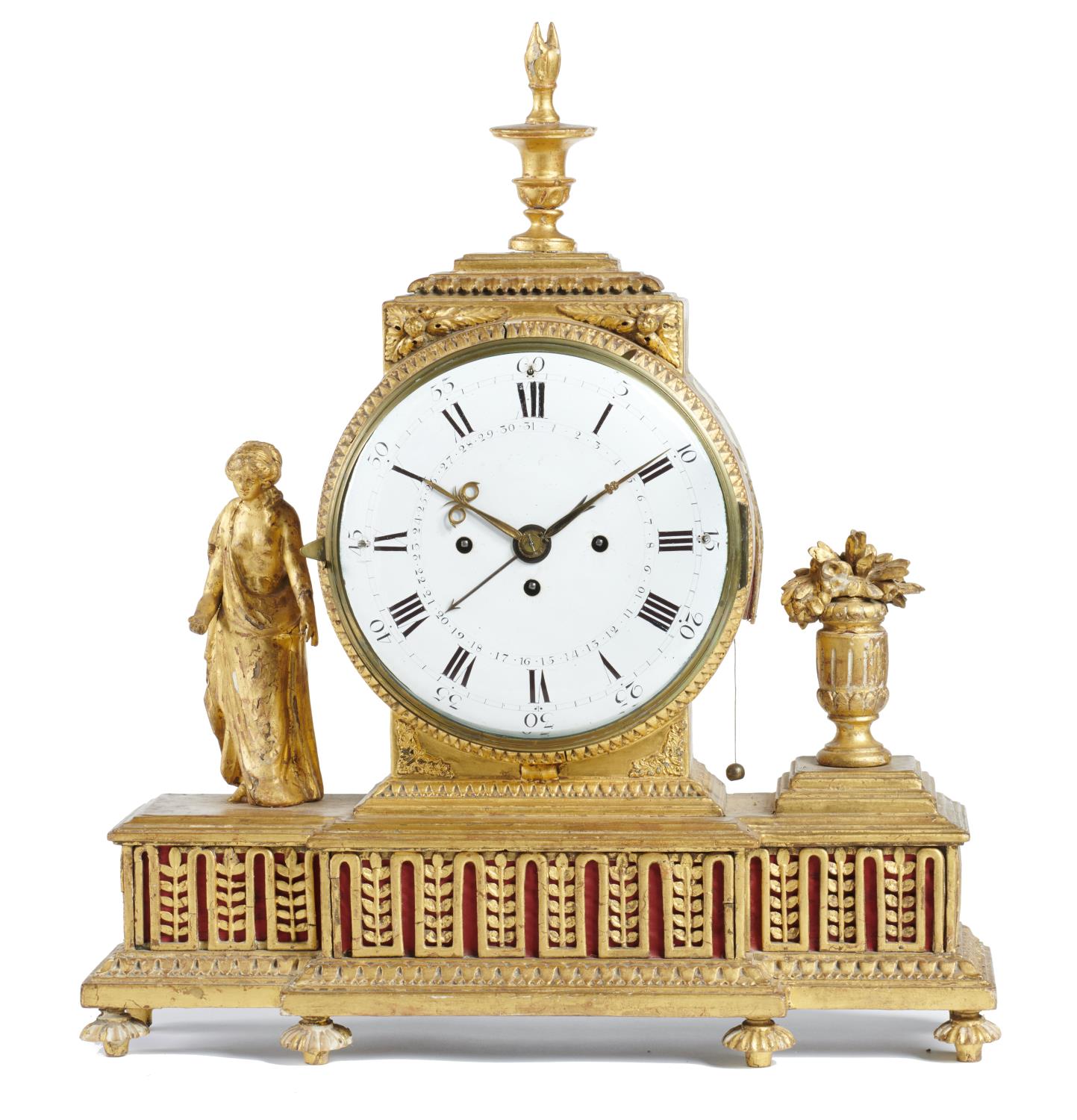 AN AUSTRIAN NEO CLASSICAL STYLE GILTWOOD MANTEL CLOCK the drum cased three train movement with