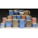 TWELVE CYLINDRICAL SLIP-DIPPED MUGS, MID 19TH-EARLY 20TH C quart, pint and half-pint, one printed in