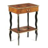 A FRENCH BRASS MOUNTED WALNUT, MARQUETRY, ROSEWOOD AND EBONISED ETAGERE, LATE 19TH C  with