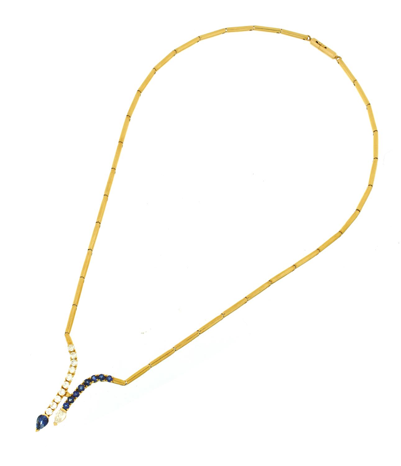 A DIAMOND, SAPPHIRE AND 18CT GOLD NECKLACE with larger pear shaped terminal, 40cm, London 1990,