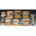 THREE MOCHA WARE MUGS AND OTHER ARTICLES INCLUDING TWO CASTERS, EARLY-MID 19TH C with bands of