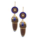 MOURNING JEWELLERY.  A PAIR OF UNUSUAL ACORN SHAPED HAIRWORK AND GOLD AND ROYAL BLUE ENAMEL