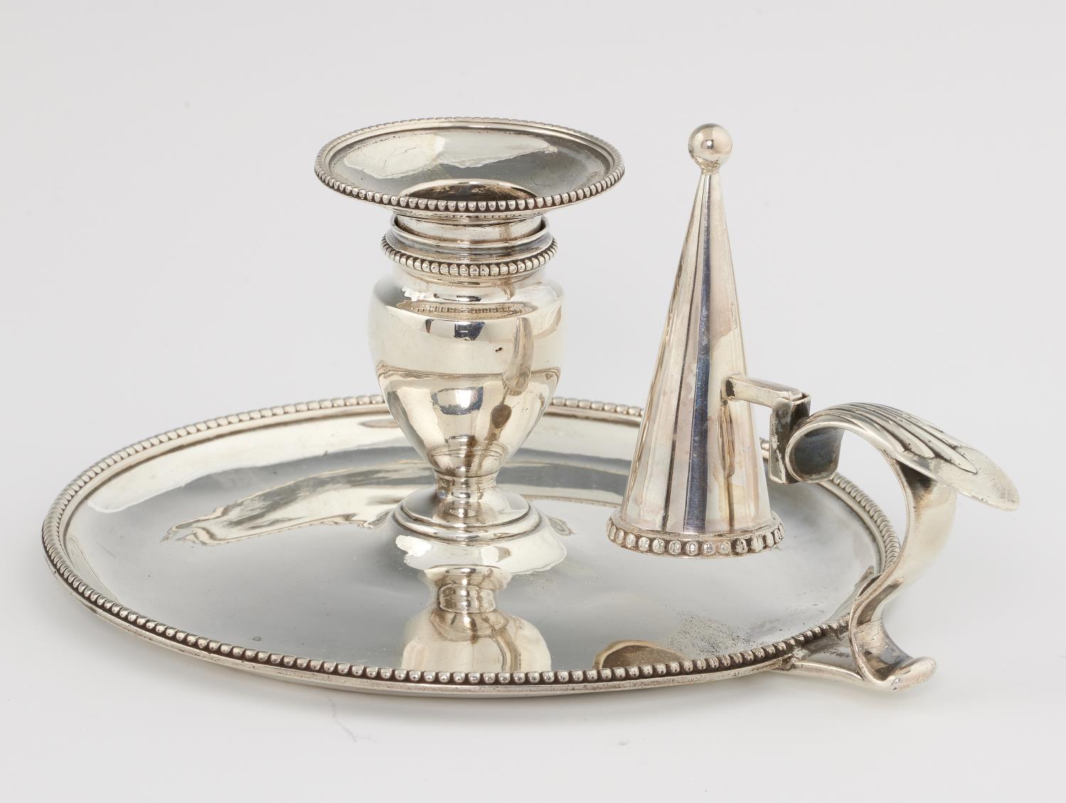 A GEORGE III SILVER CHAMBERSTICK, NOZZLE AND EXTINGUISHER  13.5cm diam, fully marked by Robert