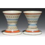 TWO SPOOL SHAPED SLIP-DIPPED PEARLWARE SPILL VASES, PROBABLY BRITISH, C1820  with bands of inlaid