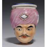 A STAFFORDSHIRE CREAMWARE 'TURK'S HEAD' NOVELTY SNUFF BOX AND THREADED COVER, C1820  5.8cm  h Good
