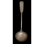 AN IRISH VICTORIAN SILVER SOUP LADLE  Fiddle pattern, crested, by Richard Sawyer Jnr, Dublin 1837,