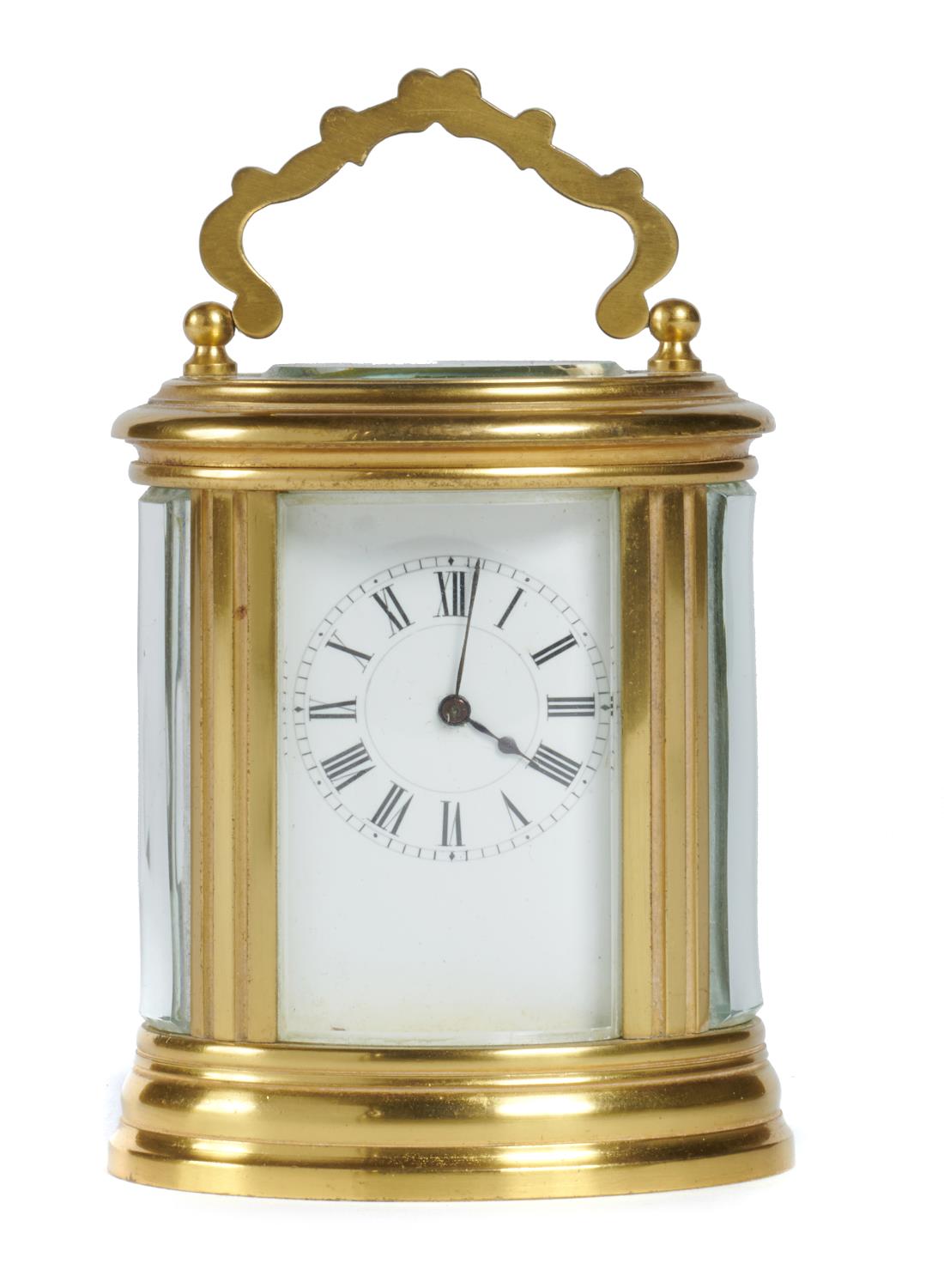 A FRENCH GILT BRASS MINIATURE OVAL CARRIAGE CLOCK, HENRI JACOT  NO 8076, LATE 19TH C with enamel