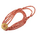 A FIVE STRAND CORAL NECKLACE  the gold filigree clasp with coral bead, 38cm l Good condition