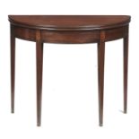 A GEORGE III MAHOGANY AND INLAID TEA TABLE with acorn paterae heading square tapered legs, 74cm h;