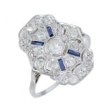 AN ART DECO DIAMOND AND SAPPHIRE RING, C1930  in platinum, 3g, size L