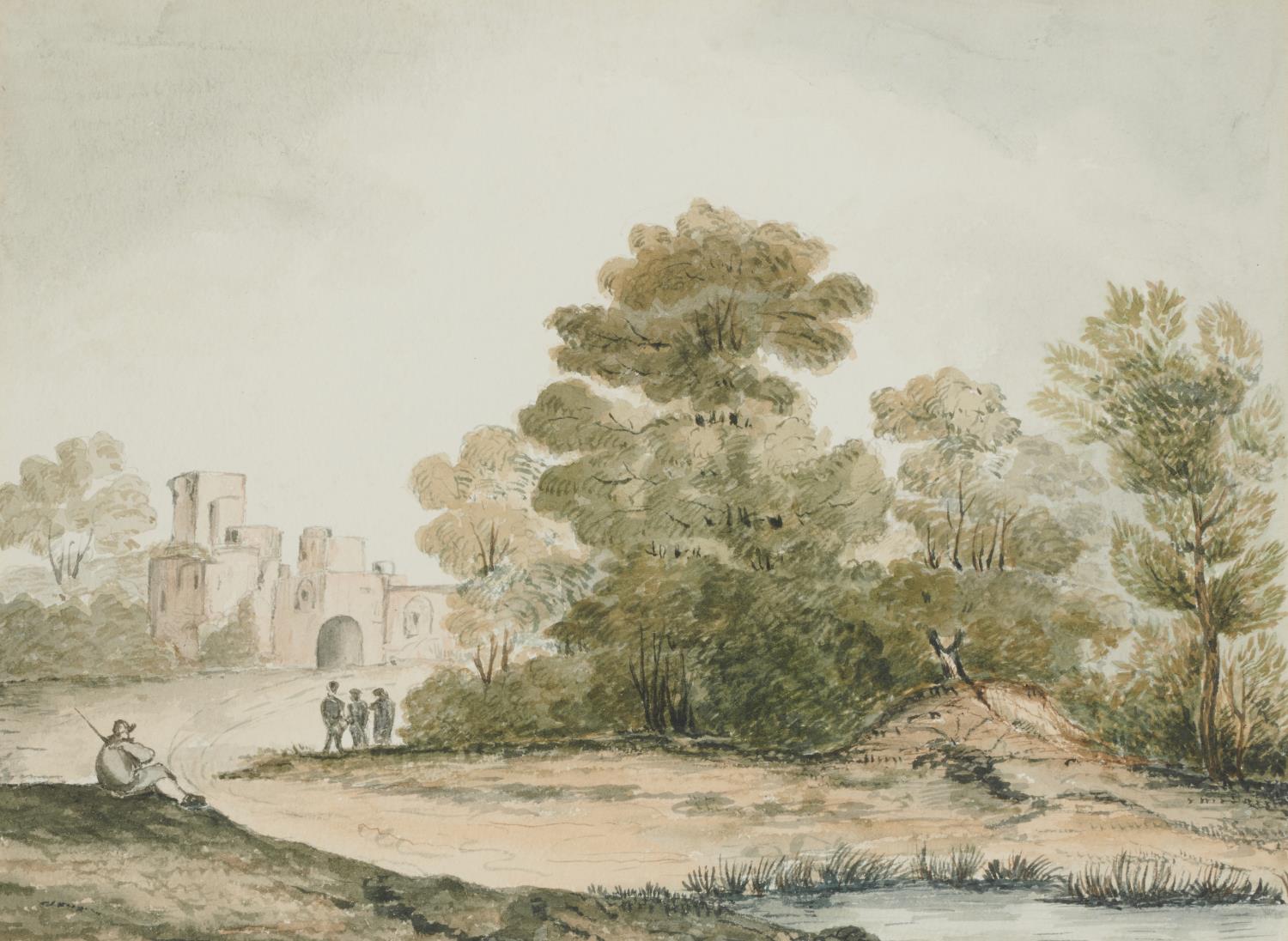 ENGLISH SCHOOL, EARLY 19TH CENTURY VIEW OF A CASTLE AND BRIDGE FROM ACROSS A RIVER  watercolour, - Image 2 of 2