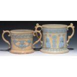 TWO SOUTH DERBYSHIRE BLUE SPRIGGED AND BUFF GLAZED EARTHENWARE LOVING CUPS, C1850  ornamented with