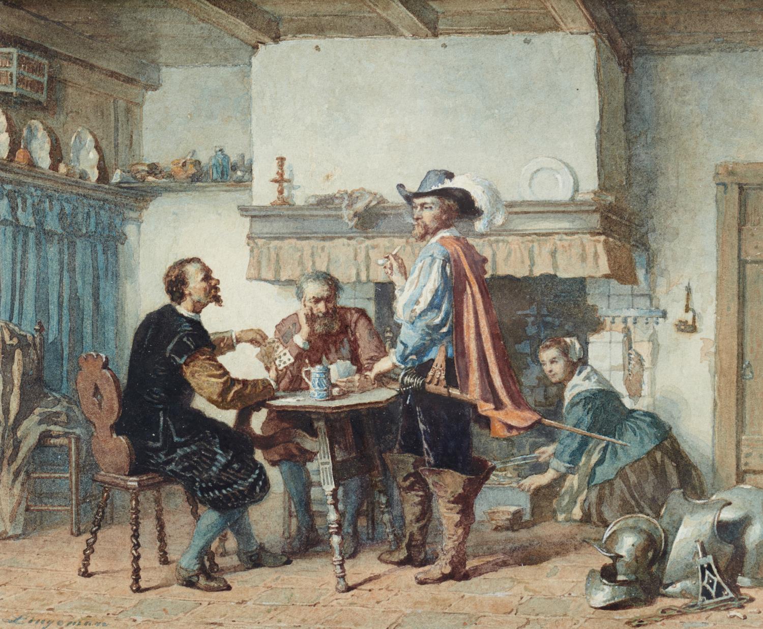 LAMBERTUS LINGEMAN (1829-1894) INTERIOR OF AN INN WITH CAVALIERS AT CARDS   signed, watercolour,