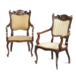 A PAIR OF EDWARD VII CARVED AND INLAID MAHOGANY OPEN ARMCHAIRS, C1900  92cm h Non matching