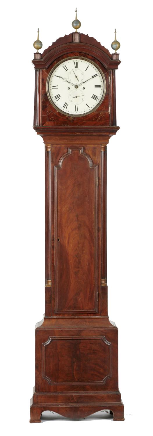 AN ENGLISH MAHOGANY EIGHT DAY LONGCASE CLOCK, C1810 the round painted dial with two subsidiary