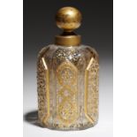 A GILT GLASS SCENT BOTTLE, LATE 19TH C  of domed form with six raised hexagonal panels with
