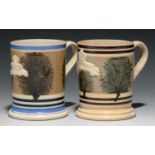 TWO SWANSEA MOCHA WARE MUGS, 19TH C   half pint, sprigged with crown and banner impressed