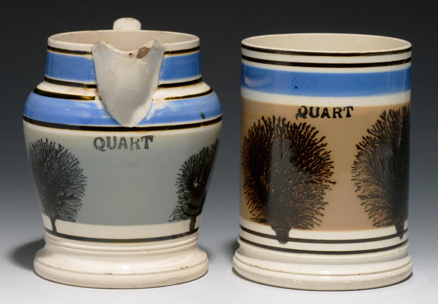 A BRISTOL MOCHA WARE JUG AND CYLINDRICAL MUG, 19TH C  quart, both with capacity stamp, the jug VR