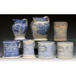 FIVE BLUE PRINTED EARTHENWARE MUGS AND TWO JUGS, SECOND HALF 19TH C quart-half pint, including and