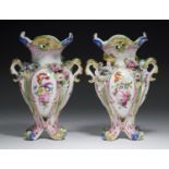 A PAIR OF COALPORT 'COALBROOKDALE' FLORAL ENCRUSTED VASES, C1825  painted with panels of flowers and