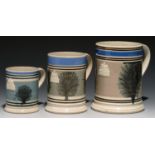 TWO  T G GREEN MOCHA WARE MUGS AND ANOTHER, C1870-80  quart, pint and half-ping, sprigged with crown