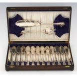 A SET OF TWELVE GEORGE V SILVER FISH EATERS AND PAIR OF SERVERS  Old English Pattern, by Viners Ltd,