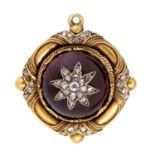 A VICTORIAN DIAMOND, FOILED GARNET  AND GOLD BROOCH  2cm diam, adapted from another article, 8g Good