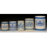 FIVE CYLINDRICAL BLUE PRINTED EARTHENWARE AND PEARLWARE IMPERIAL MEASURES, C1824-1840 quart, pint