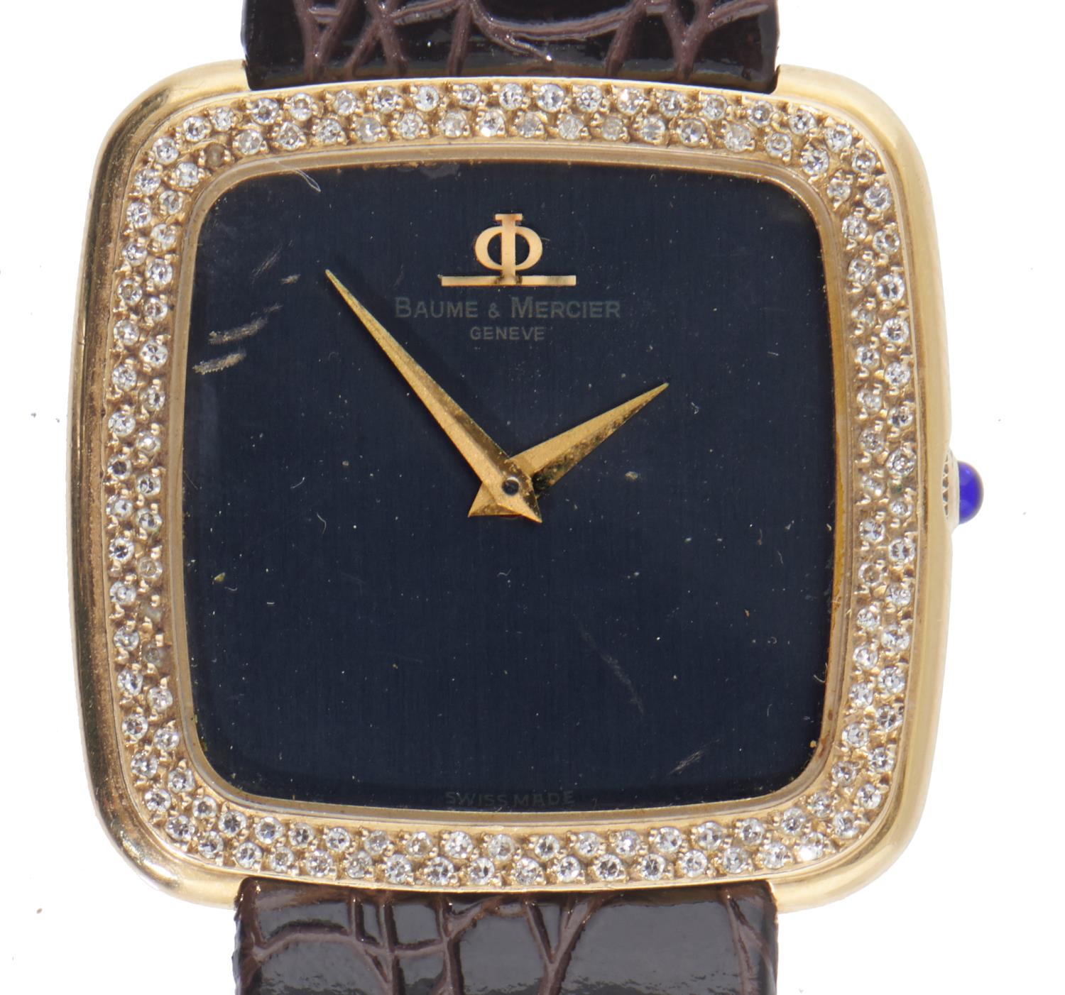 A BAUME & MERCIER 18CT GOLD CUSHION SHAPED GENTLEMAN'S WRISTWATCH   Ref 37216 996633, with diamond