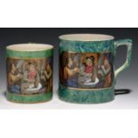 TWO F & R PRATT TYPE MALACHITE GROUND MUGS, C1860 pint and half-pint with one or two colour