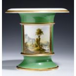 A ROCKINGHAM OVERHANGING LIP VASE, C1830  painted with a square landscape panel, 19cm h, puce