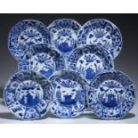 EIGHT CHINESE EXPORT PORCELAIN MOULDED OCTAGONAL PLATES,  QING DYNASTY, 18TH C  similarly painted